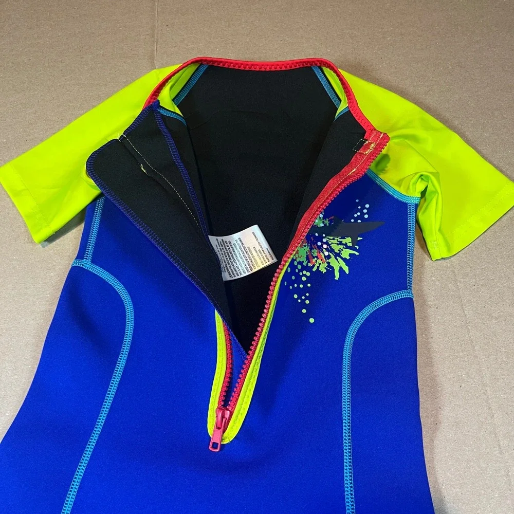 Speedo Kids Blue Neon Yellow Shark Thermal Wetsuit Swimsuit UV50 Size 6-6X